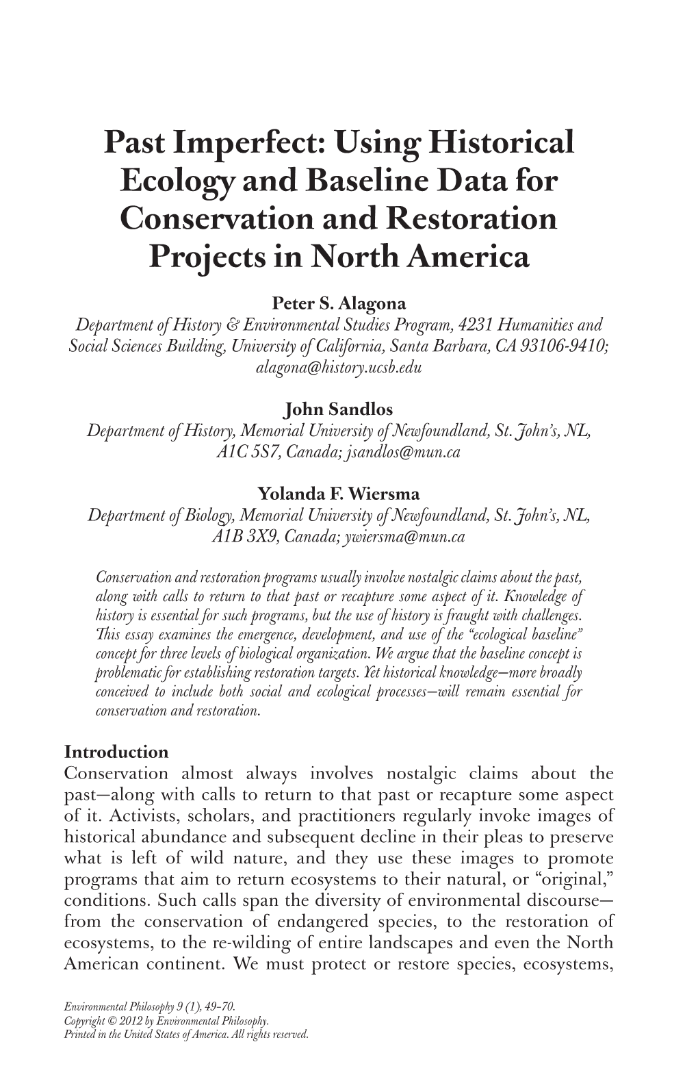 Past Imperfect: Using Historical Ecology and Baseline Data for Conservation and Restoration Projects in North America