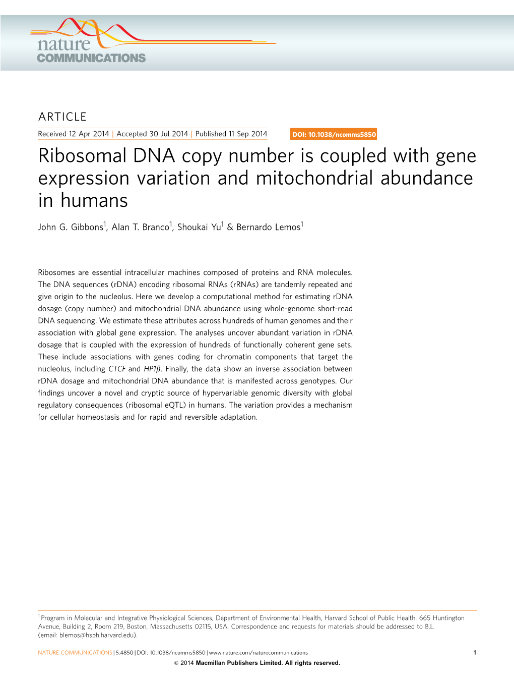 Ribosomal DNA Copy Number Is Coupled with Gene Expression Variation and Mitochondrial Abundance in Humans