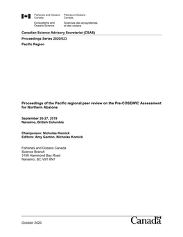 Proceedings of the Pacific Regional Peer Review on the Pre-COSEWIC Assessment for Northern Abalone