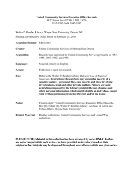 United Community Services Executive Office Records 88.25 Linear Feet (87 SB, 1 MB, 1 OS) 1917-1995, Bulk 1945-1995