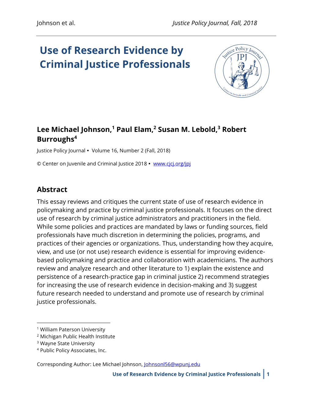 Use of Research Evidence by Criminal Justice Professionals