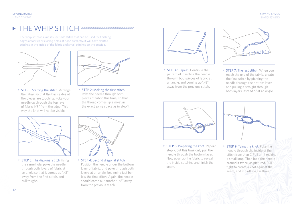 THE WHIP STITCH the Whip Stitch Is a Mostly Invisible Stitch That Can Be Used for Finishing Edges of Fabrics Or Closing Hems