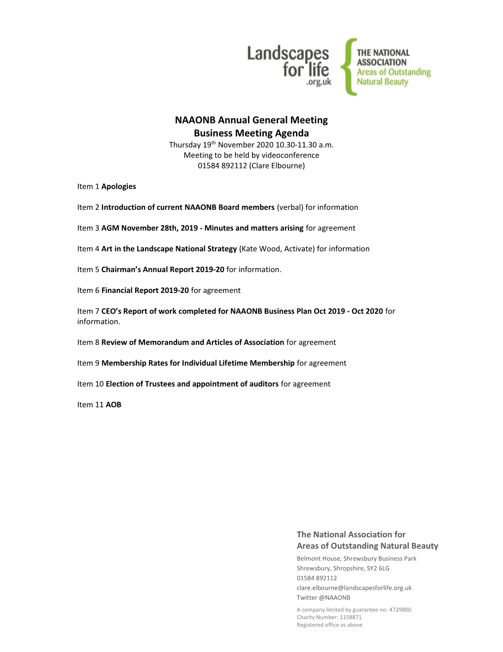 NAAONB Annual General Meeting Business Meeting Agenda Thursday 19Th November 2020 10.30-11.30 A.M