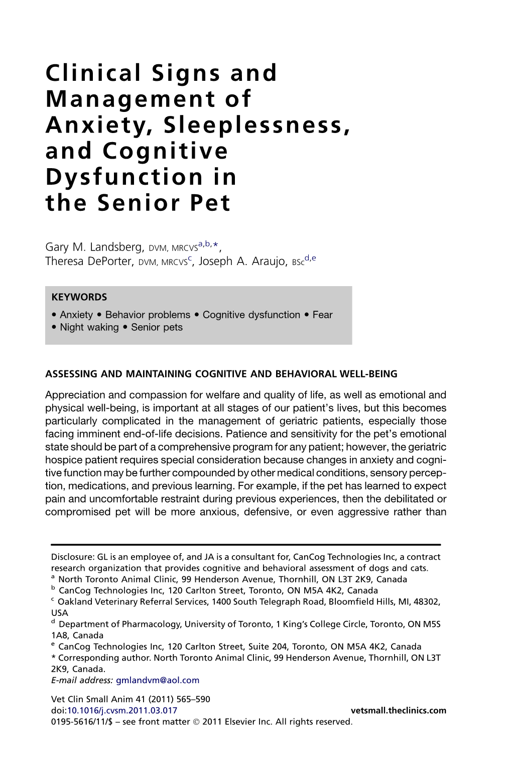 Clinical Signs and Management of Anxiety, Sleeplessness, and Cognitive Dysfunction in the Senior Pet