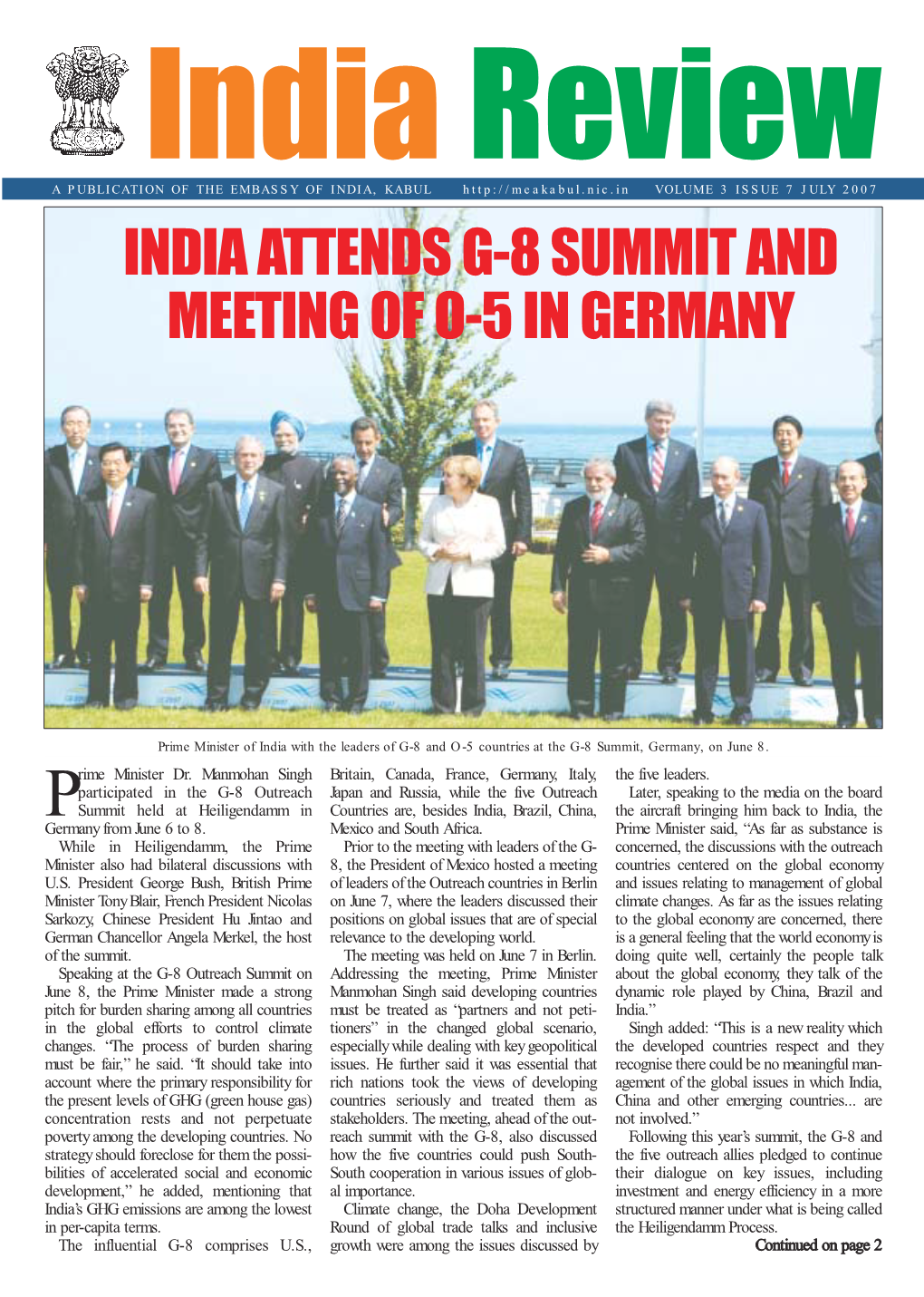 India Attends G-8 Summit and Meeting of O-5 in Germany