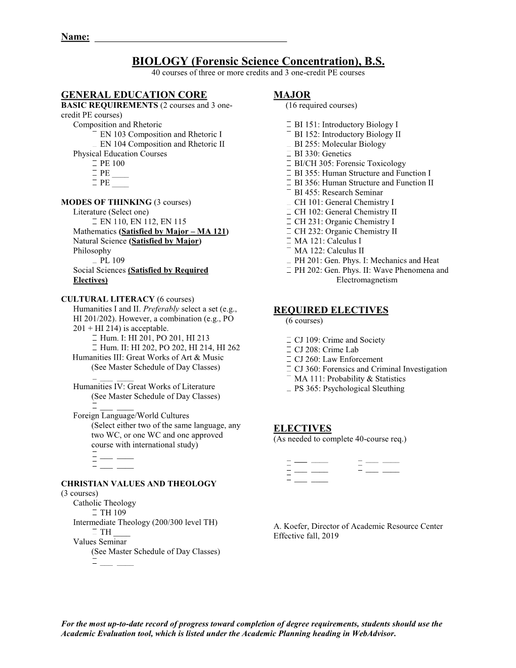 BIOLOGY (Forensic Science Concentration), B.S. 40 Courses of Three Or More Credits and 3 One-Credit PE Courses