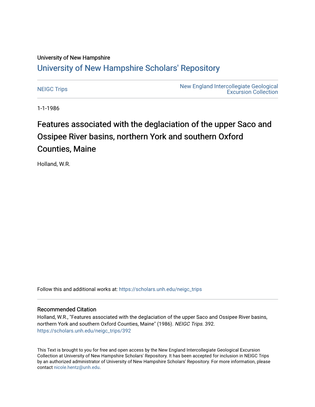 Features Associated with the Deglaciation of the Upper Saco and Ossipee River Basins, Northern York and Southern Oxford Counties, Maine