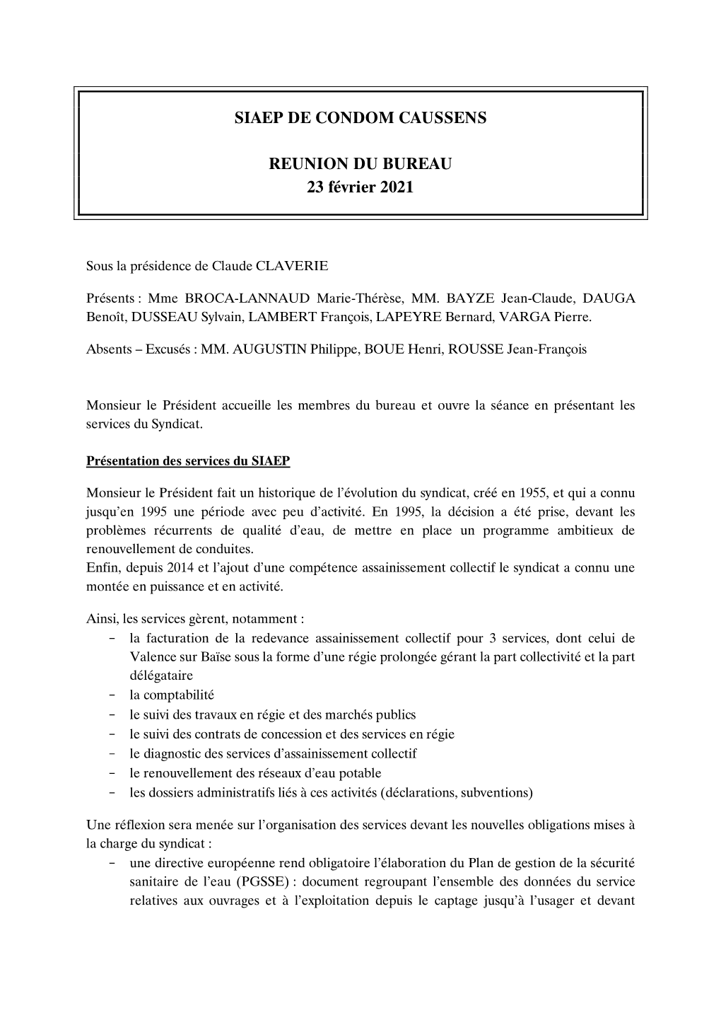 SIAEP DE CONDOM CAUSSENS REUNION DU BUREAU 23 Février