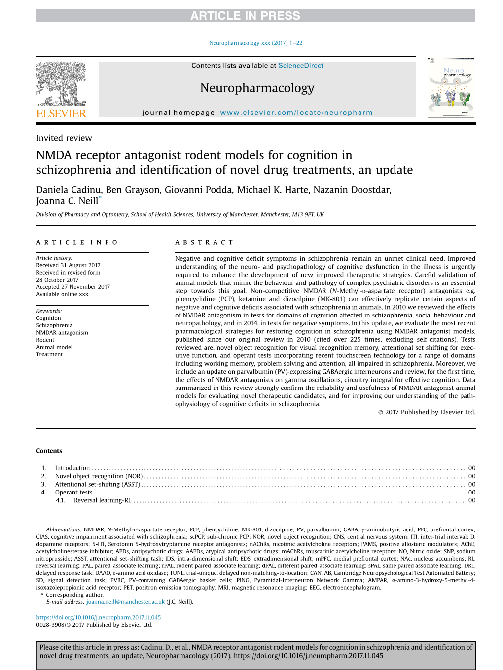 NMDA Receptor Antagonist Rodent Models for Cognition in Schizophrenia and Identification of Novel Drug Treatments, an Update