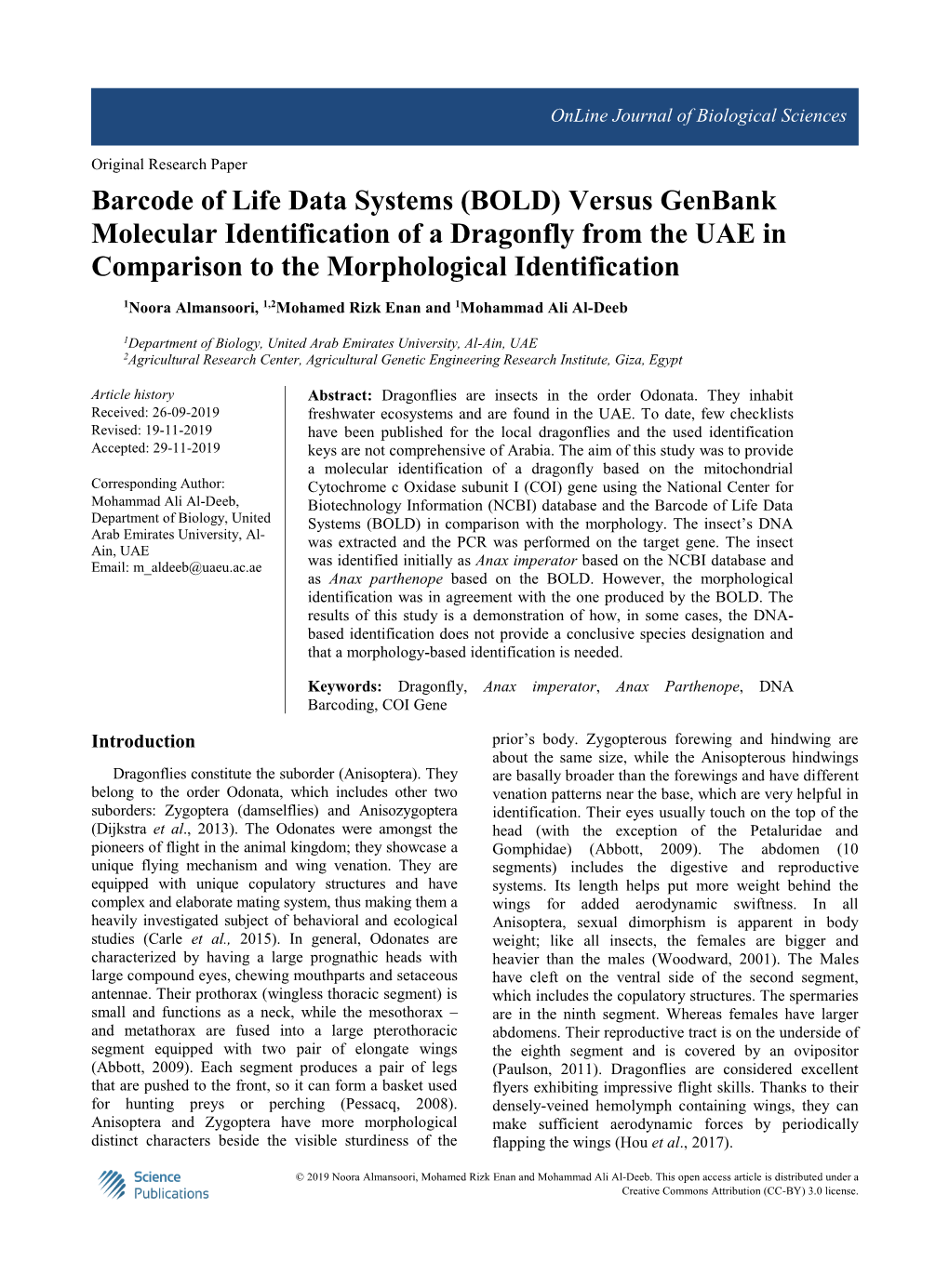 Barcode of Life Data Systems (BOLD) Versus Genbank Molecular Identification of a Dragonfly from the UAE in Comparison to the Morphological Identification