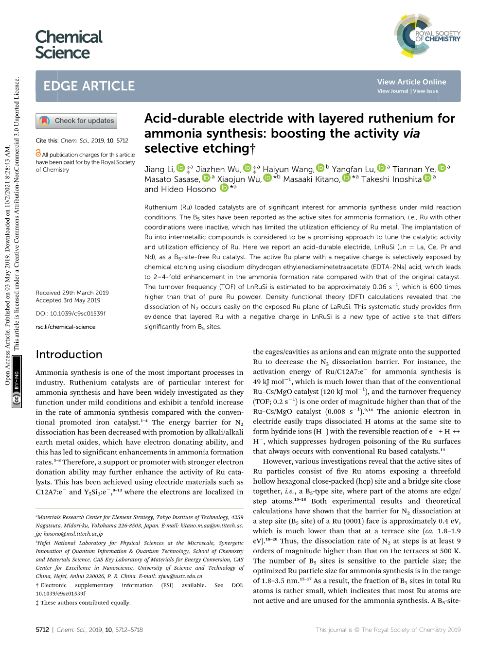 Acid-Durable Electride with Layered Ruthenium for Ammonia Synthesis: Boosting the Activity Via Cite This: Chem