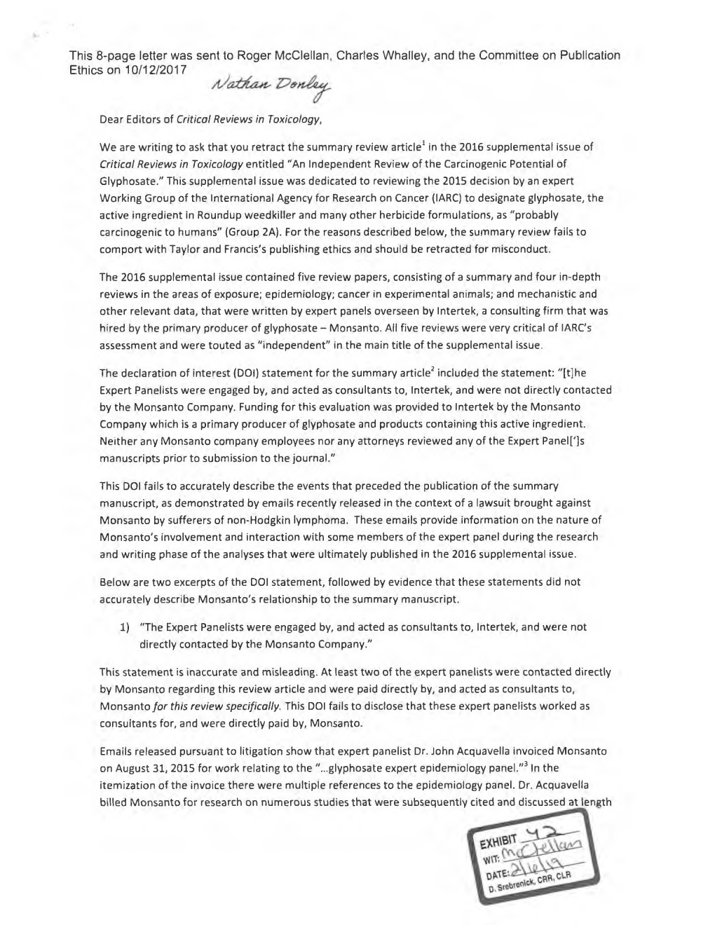 This 8-Page Letter Was Sent to Roger Mcclellan, Charles Whalley, and the Committee on Publication Ethics on 10/12/2017