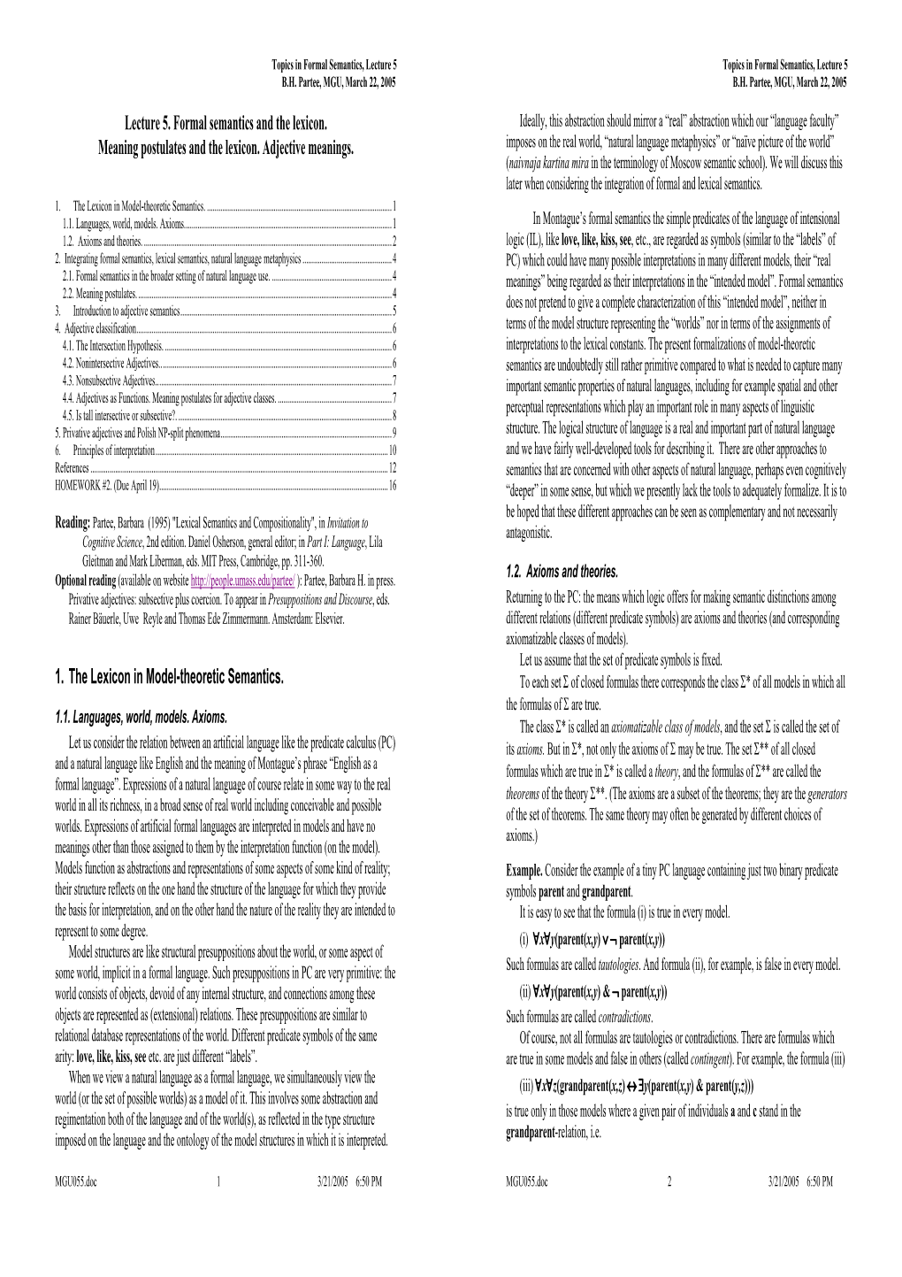 Lecture 5. Formal Semantics and the Lexicon. Meaning Postulates And