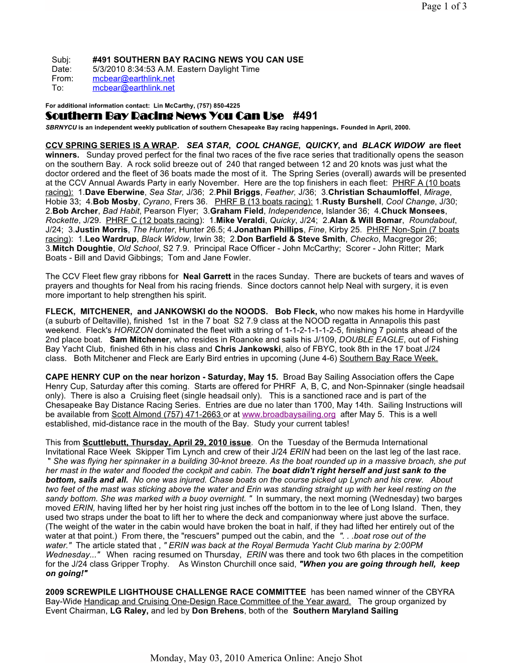 Southern Bay Racing News You Can Use #491 SBRNYCU Is an Independent Weekly Publication of Southern Chesapeake Bay Racing Happenings