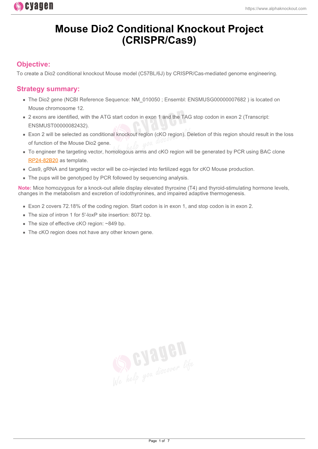 Mouse Dio2 Conditional Knockout Project (CRISPR/Cas9)