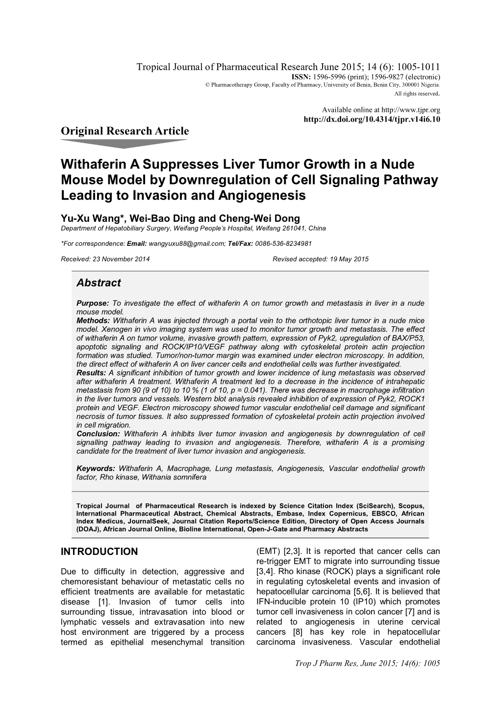 Withaferin a Suppresses Liver Tumor Growth in a Nude Mouse Model by Downregulation of Cell Signaling Pathway Leading to Invasion and Angiogenesis