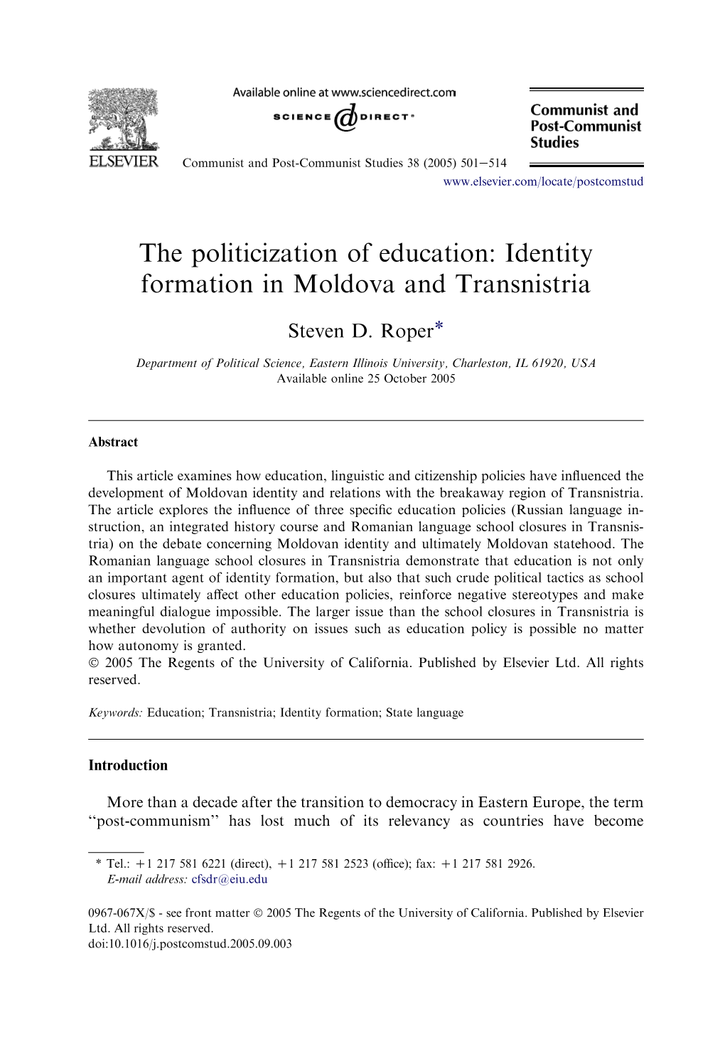 The Politicization of Education: Identity Formation in Moldova and Transnistria