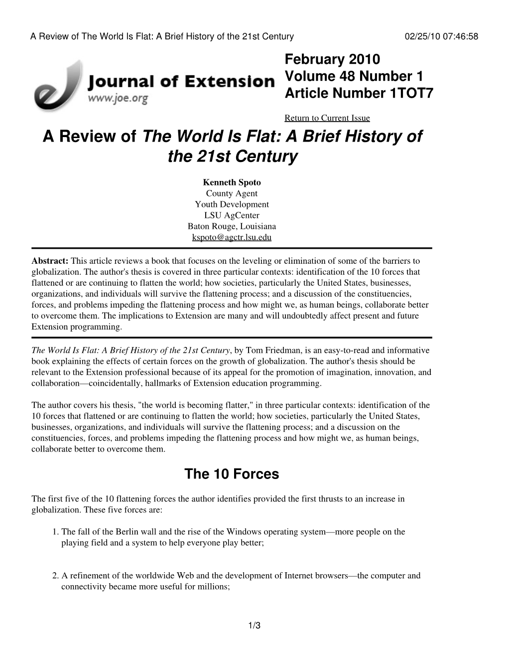 A Review of the World Is Flat: a Brief History of the 21St Century 02/25/10 07:46:58 February 2010 Volume 48 Number 1 Article Number 1TOT7