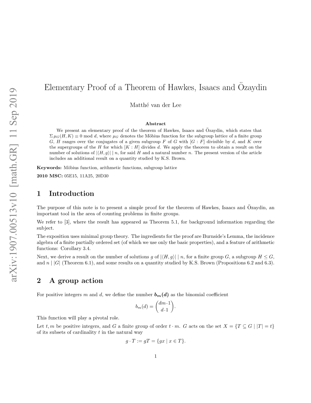 Elementary Proof of a Theorem of Hawkes, Isaacs And¨Ozaydin