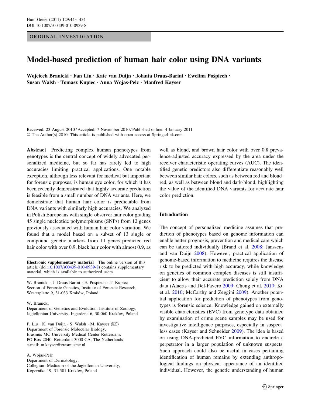 Model-Based Prediction of Human Hair Color Using DNA Variants