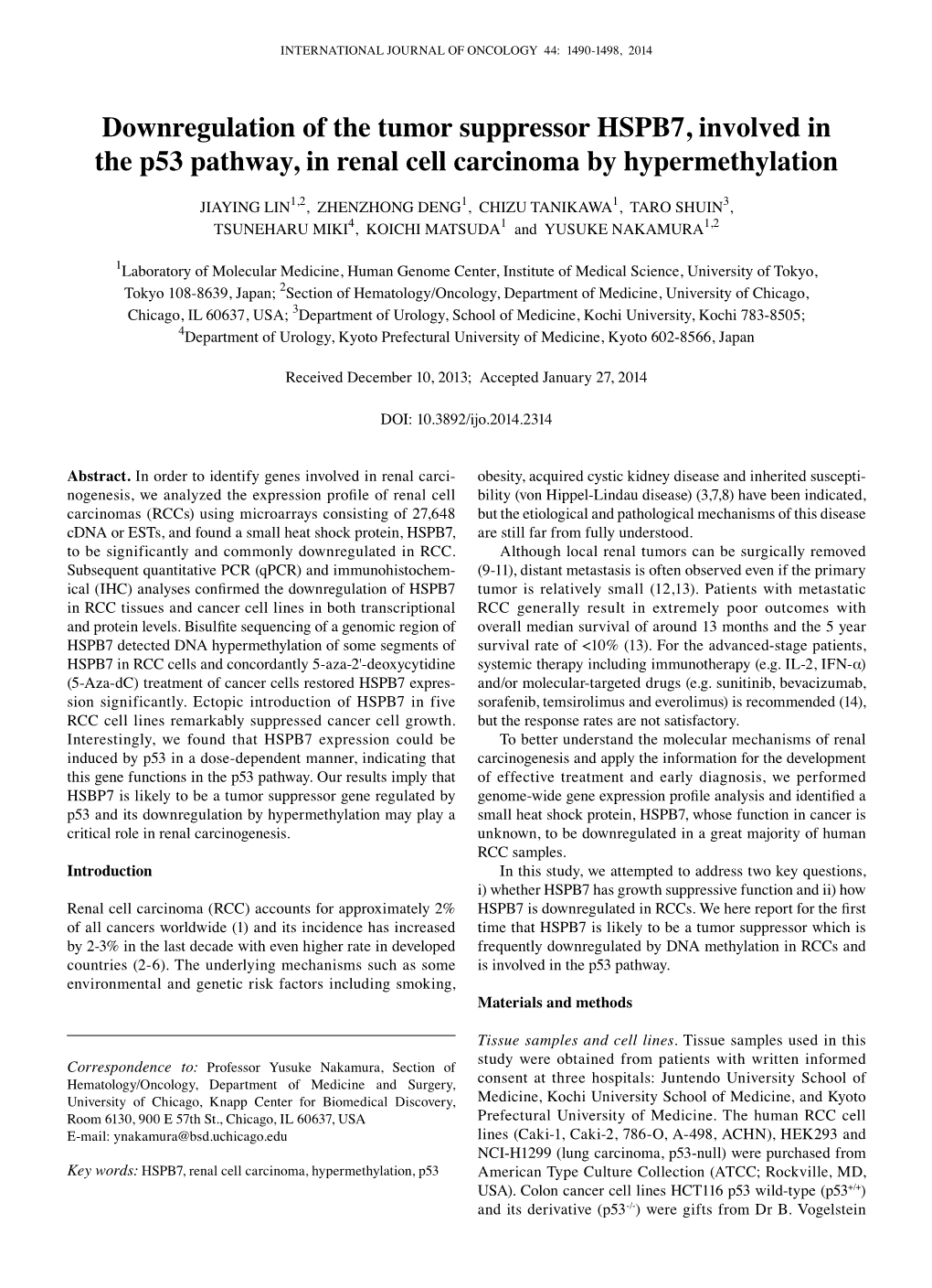 Downregulation of the Tumor Suppressor HSPB7, Involved in the P53 Pathway, in Renal Cell Carcinoma by Hypermethylation