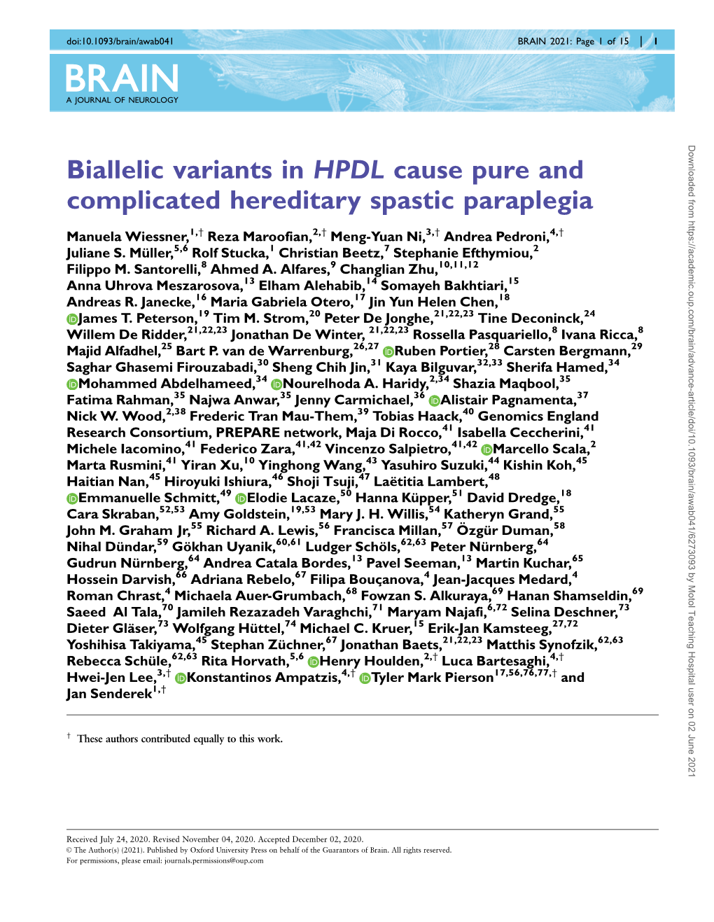 Biallelic Variants in HPDL Cause Pure and Complicated Hereditary Spastic Paraplegia