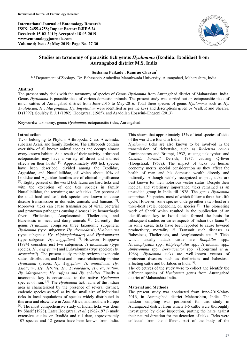 Studies on Taxonomy of Parasitic Tick Genus Hyalomma (Ixodida: Ixodidae) from Aurangabad District M.S