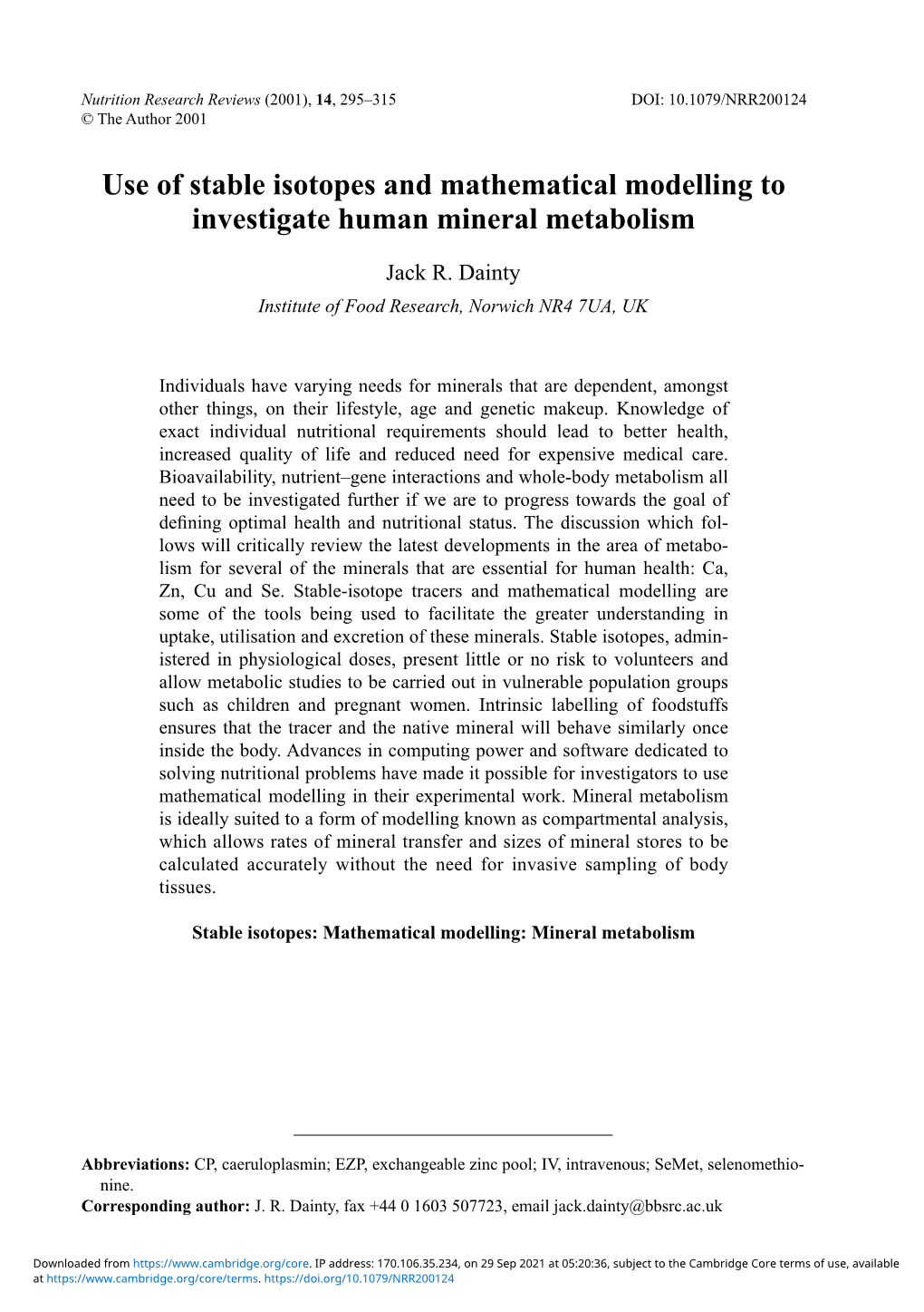 Use of Stable Isotopes and Mathematical Modelling to Investigate Human Mineral Metabolism