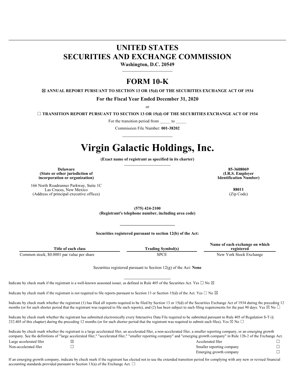 Virgin Galactic Holdings, Inc