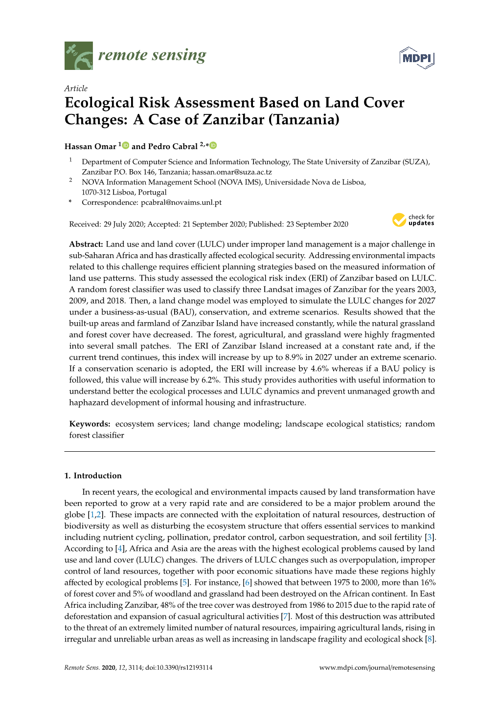 Ecological Risk Assessment Based on Land Cover Changes: a Case of Zanzibar (Tanzania)