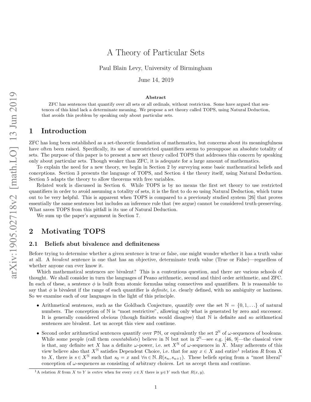 A Theory of Particular Sets, As It Uses Open Formulas Rather Than Sequents