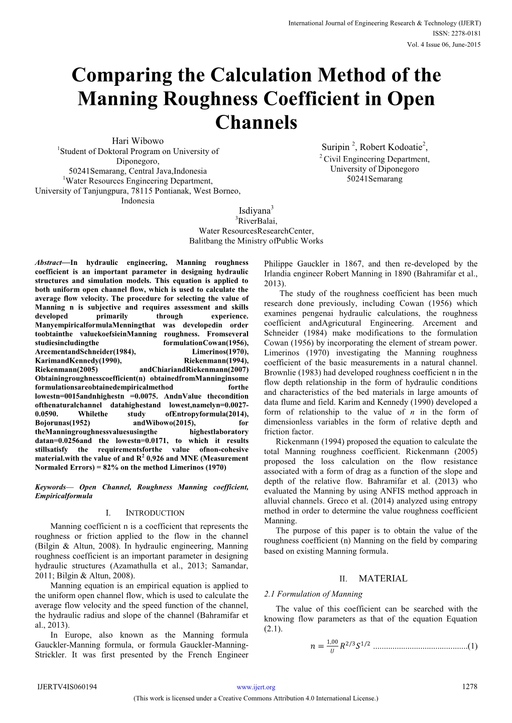 Comparing the Calculation Method of the Manning Roughness Coefficient in Open Channels