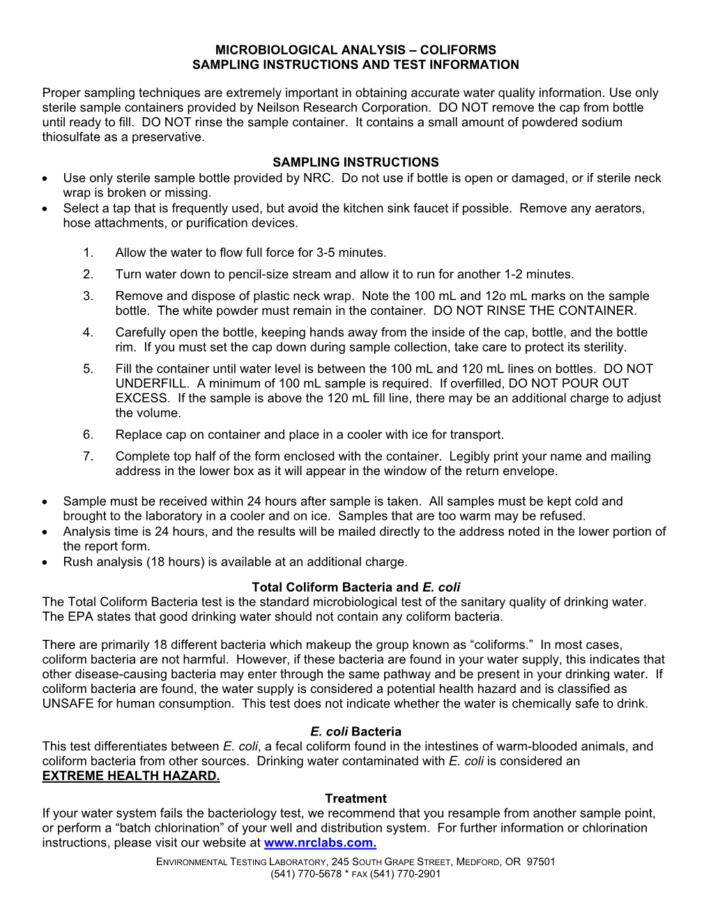 Microbiological Analysis – Coliforms Sampling Instructions and Test Information