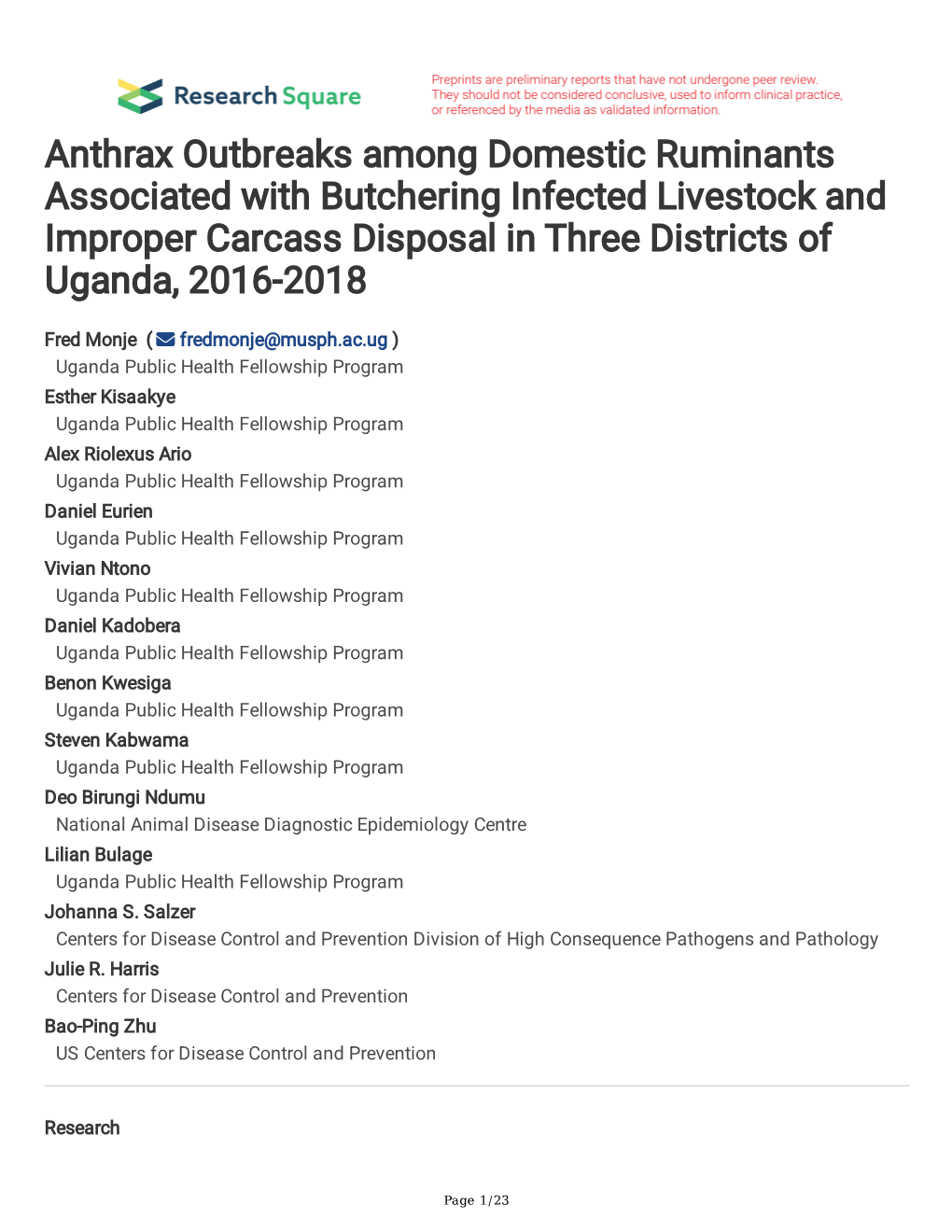 Anthrax Outbreaks Among Domestic Ruminants Associated with Butchering Infected Livestock and Improper Carcass Disposal in Three Districts of Uganda, 2016-2018