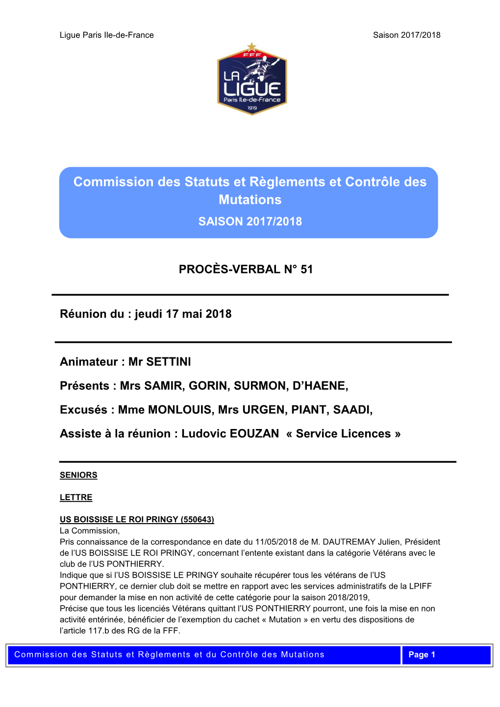 Commission Des Statuts Et Règlements Et Contrôle Des Mutations SAISON 2017/2018
