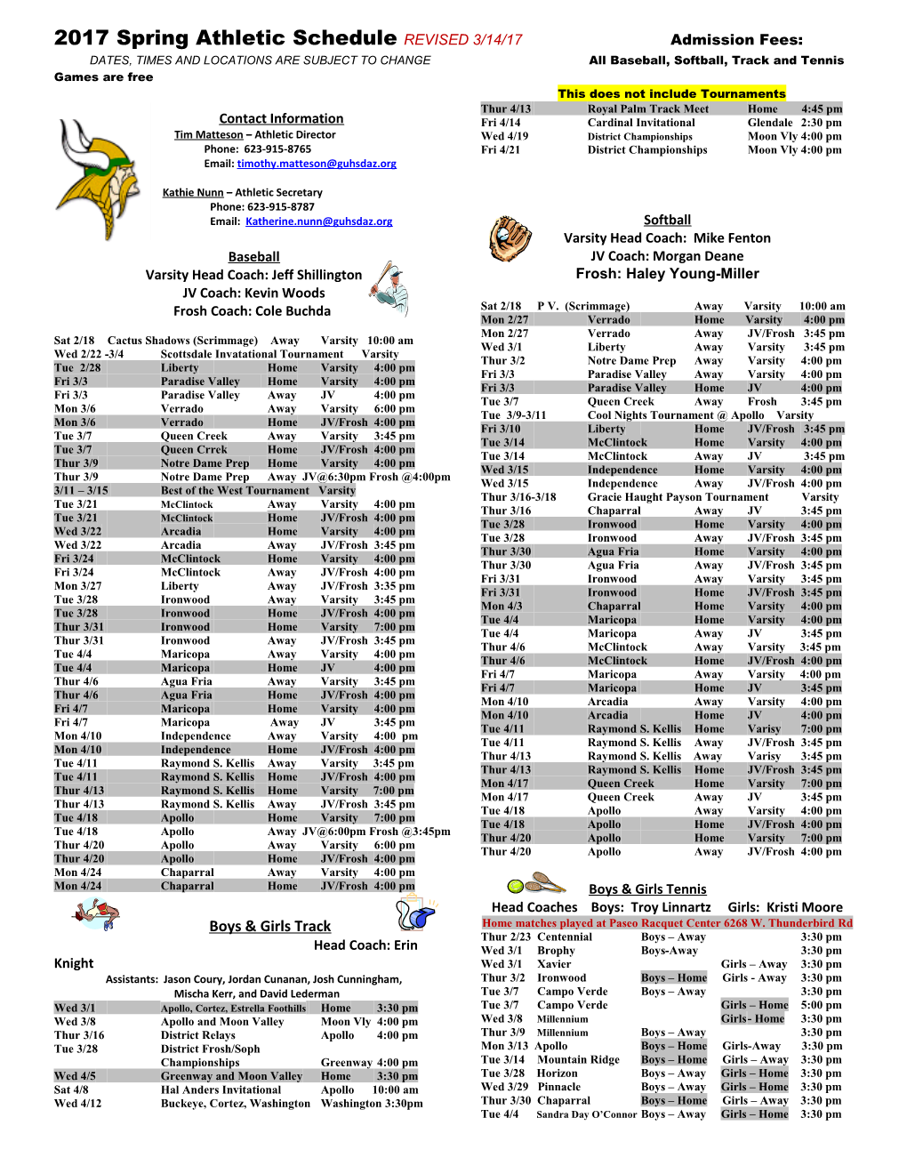 2017 Spring Athletic Schedule REVISED 3/14/17 Admission Fees