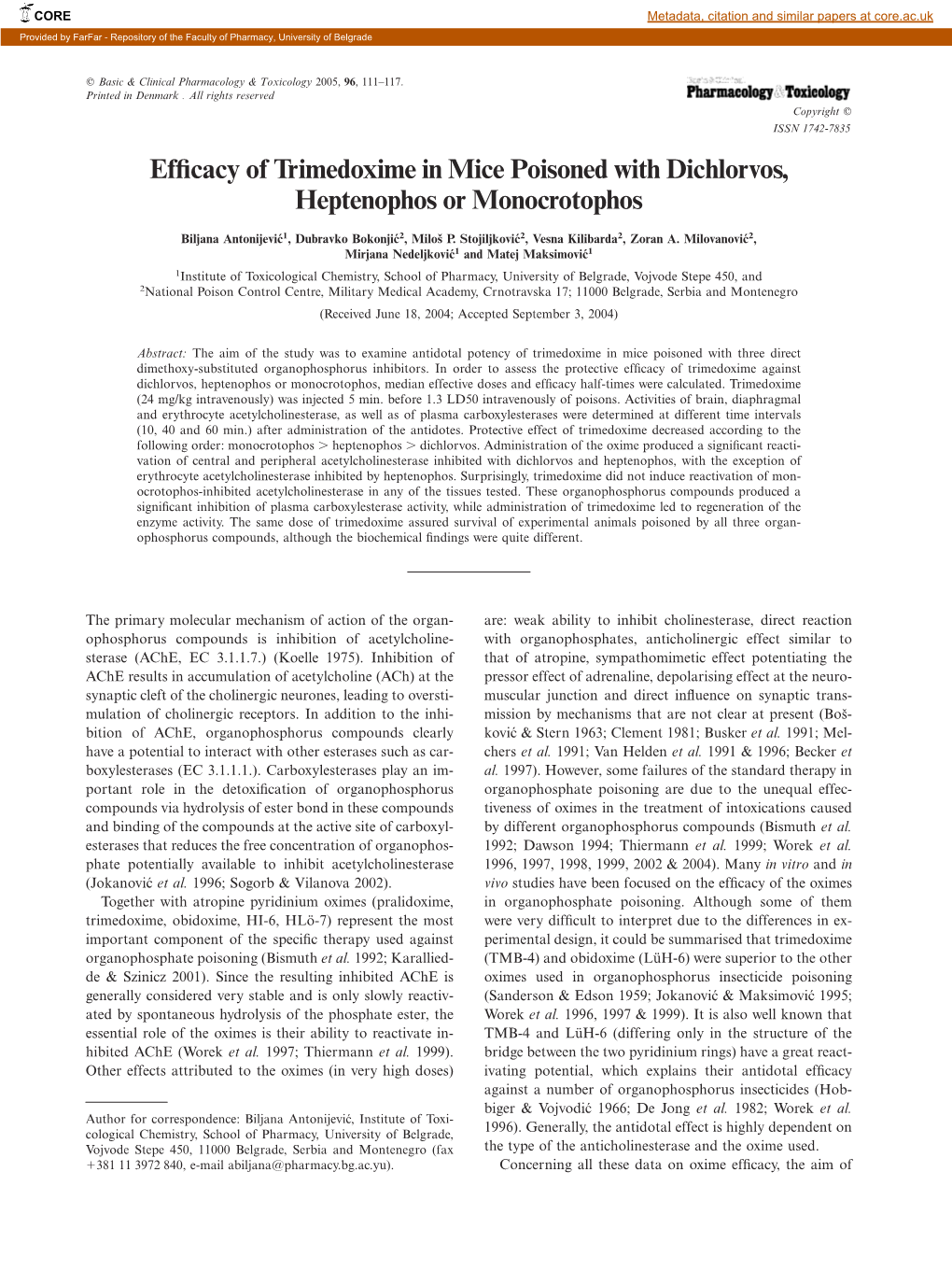 Efficacy of Trimedoxime in Mice Poisoned with Dichlorvos, Heptenophos Or Monocrotophos