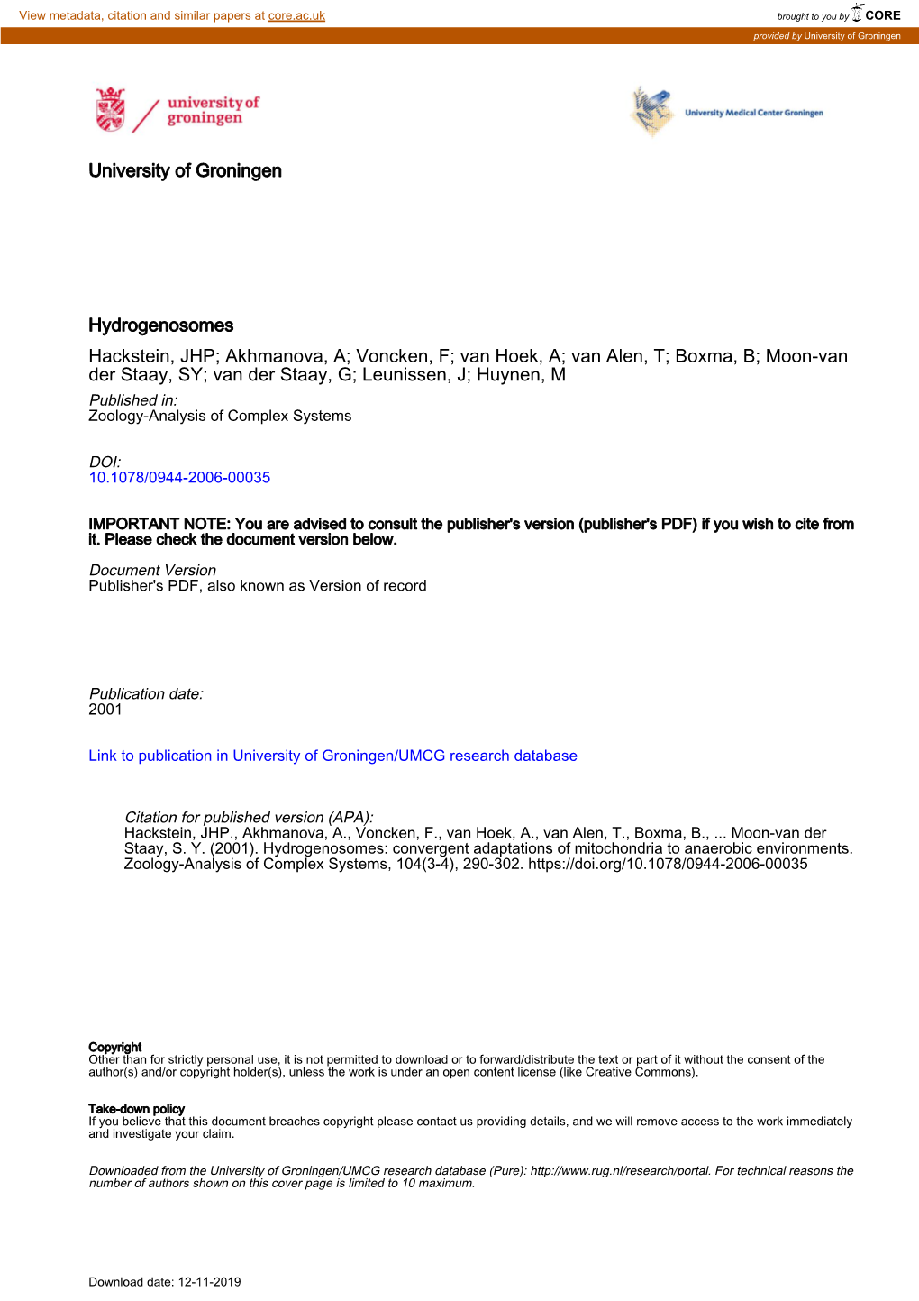 University of Groningen Hydrogenosomes