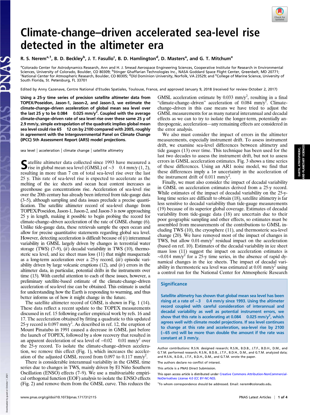 Climate-Change–Driven Accelerated Sea-Level Rise Detected in the Altimeter Era