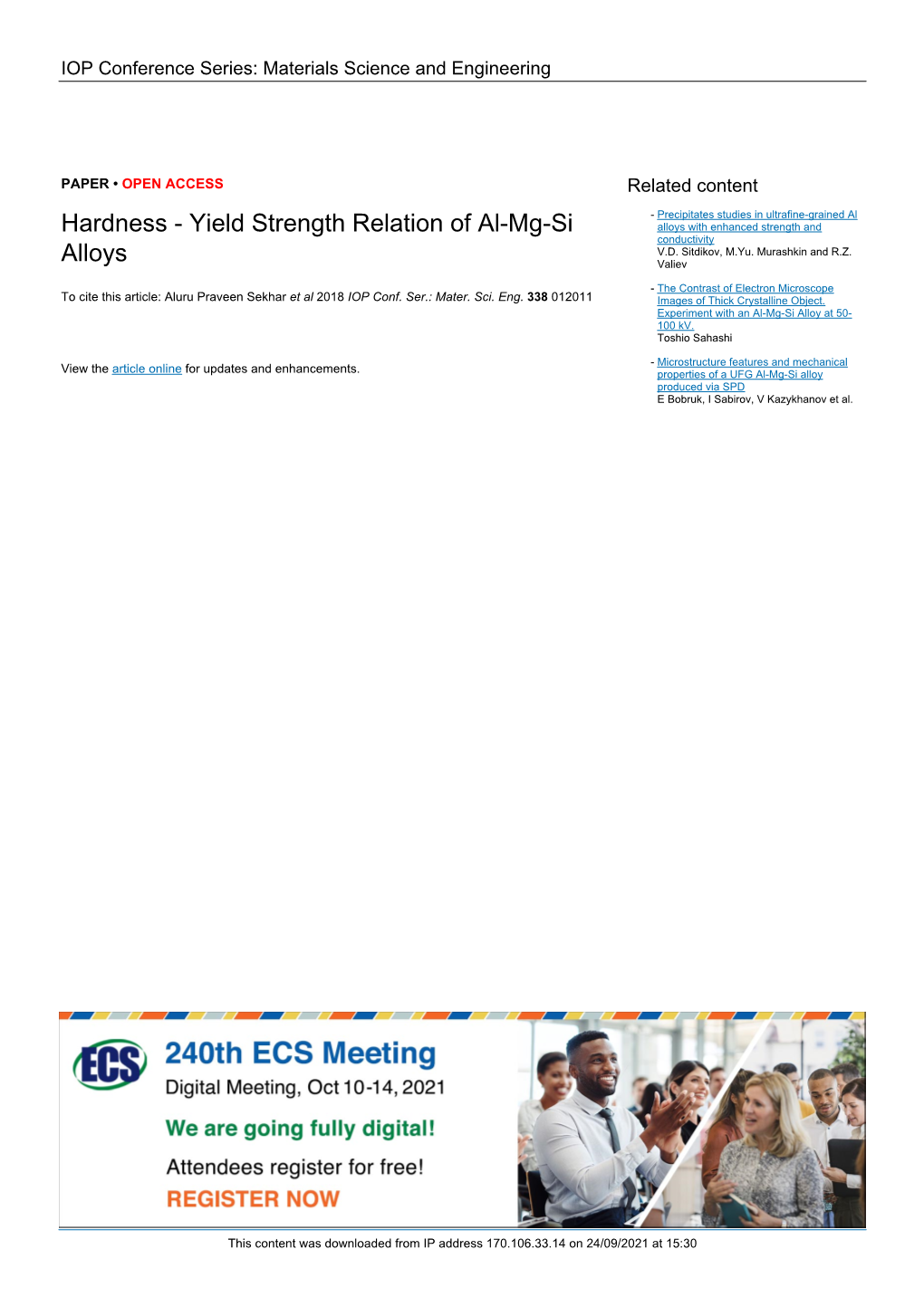 Hardness - Yield Strength Relation of Al-Mg-Si Alloys with Enhanced Strength and Conductivity V.D