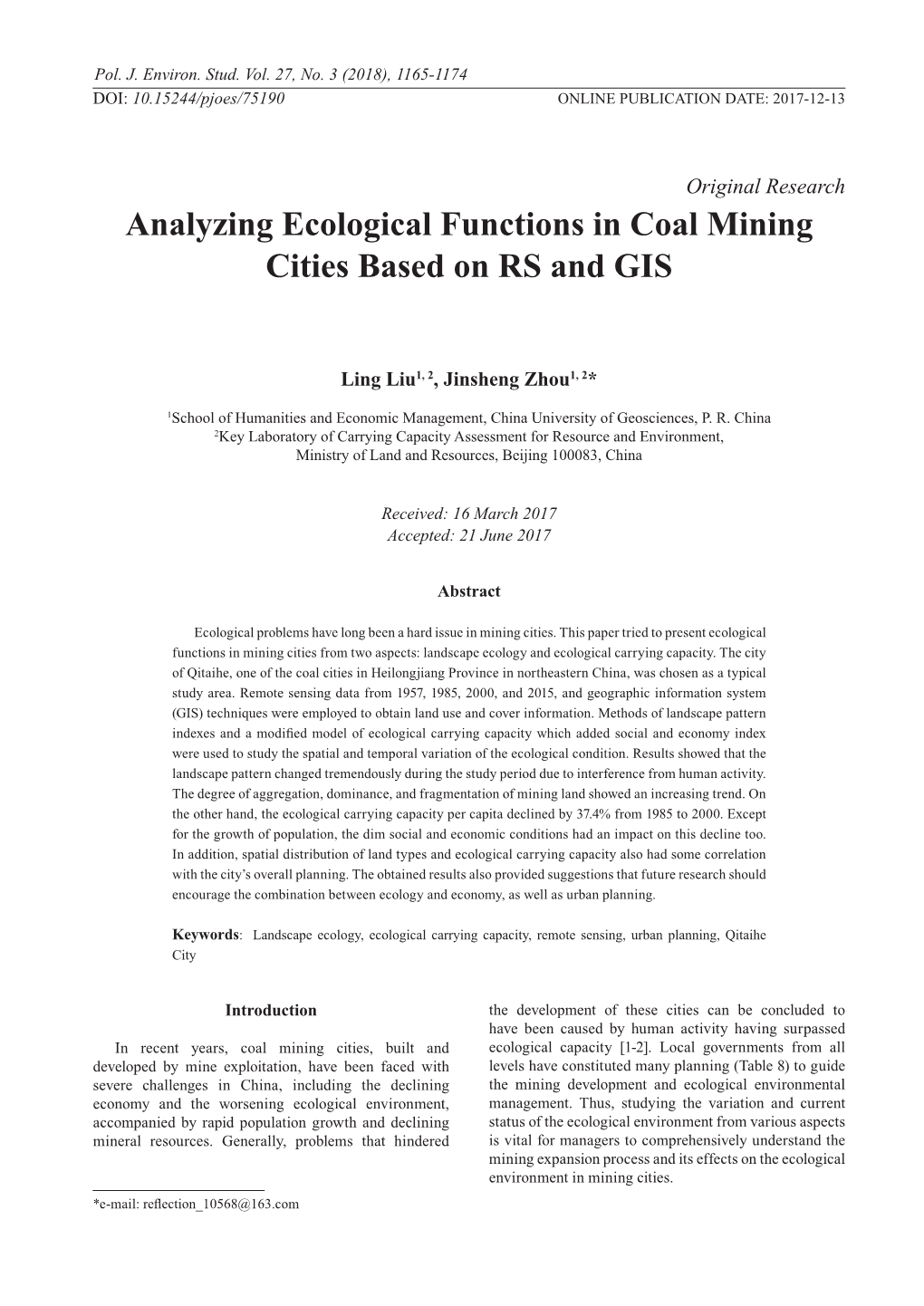 Analyzing Ecological Functions in Coal Mining Cities Based on RS and GIS