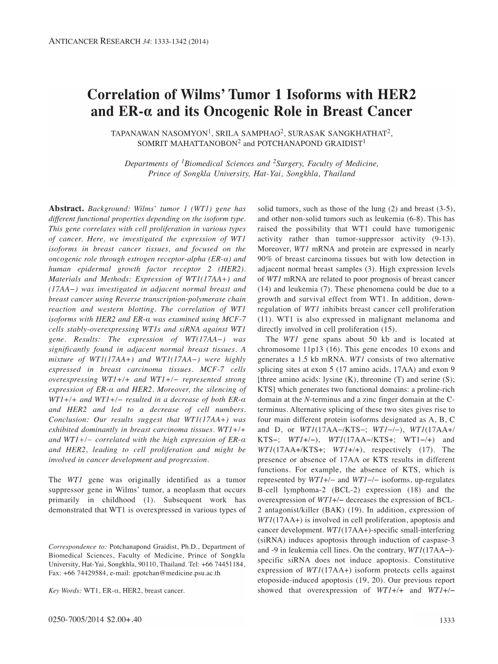 Correlation of Wilms' Tumor 1 Isoforms with HER2 and ER-Α and Its Oncogenic Role in Breast Cancer