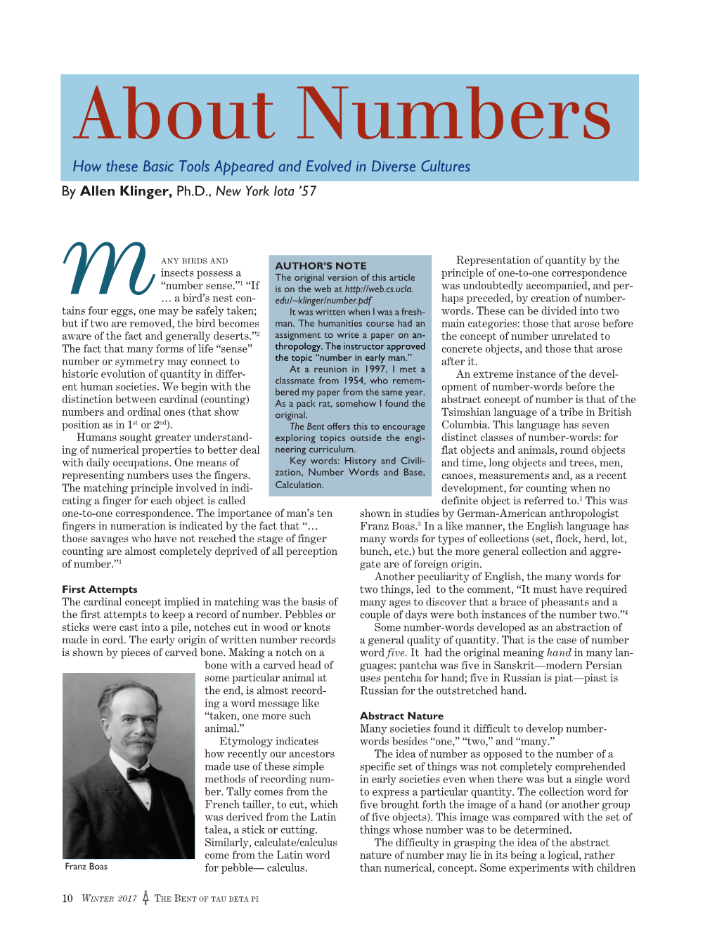 About Numbers How These Basic Tools Appeared and Evolved in Diverse Cultures by Allen Klinger, Ph.D., New York Iota ’57