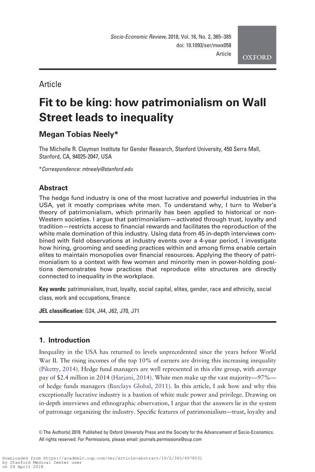 Fit to Be King: How Patrimonialism on Wall Street Leads to Inequality Megan Tobias Neely*