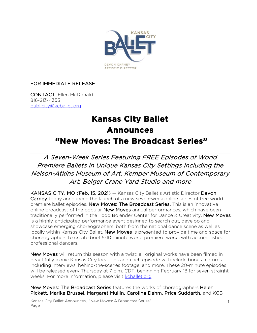 Kansas City Ballet Announces “New Moves: the Broadcast Series”