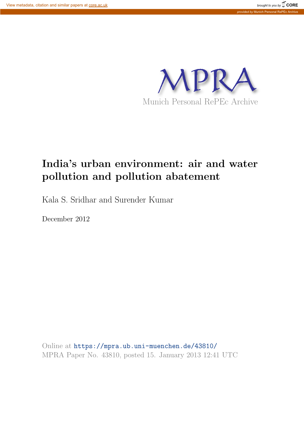 India's Urban Environment: Air and Water Pollution And