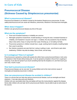 Pneumococcal Disease (Sickness Caused by Streptococcus Pneumoniae)