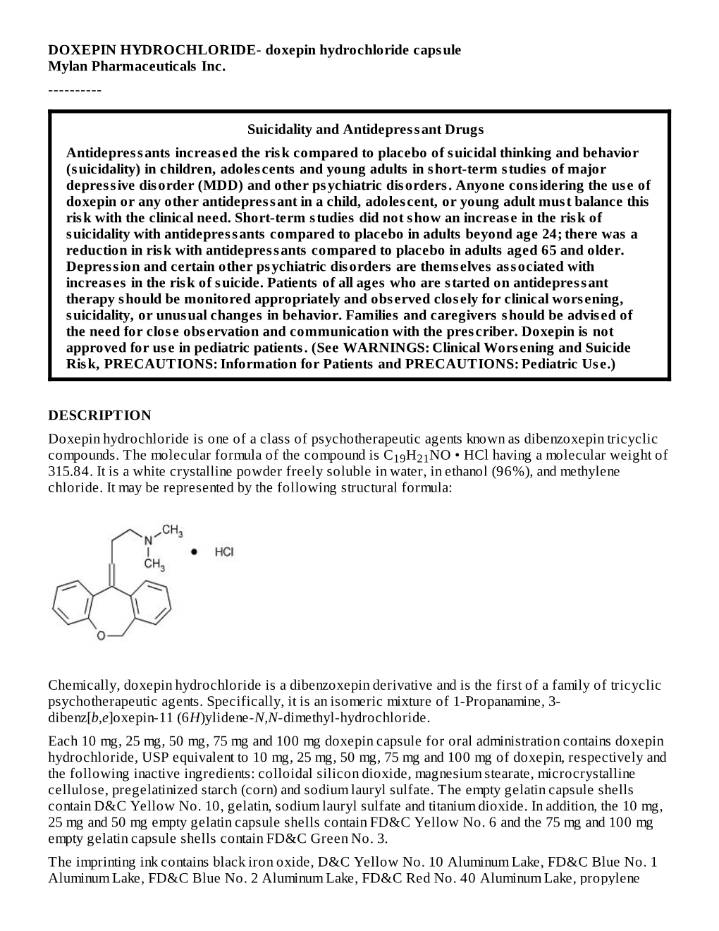 Doxepin Hydrochloride Capsule Mylan Pharmaceuticals Inc.