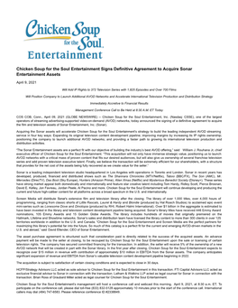 Chicken Soup for the Soul Entertainment Signs Definitive Agreement to Acquire Sonar Entertainment Assets