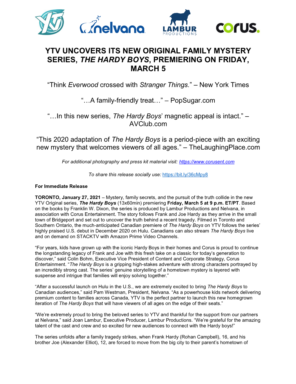 Ytv Uncovers Its New Original Family Mystery Series, the Hardy Boys, Premiering on Friday, March 5